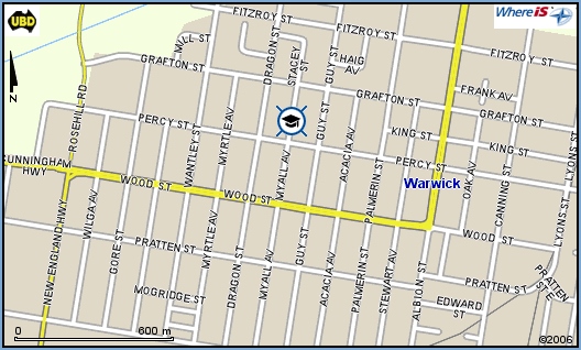 Map showing physical location of school - Corner Guy and Percy Streets Warwick Qld 4370
